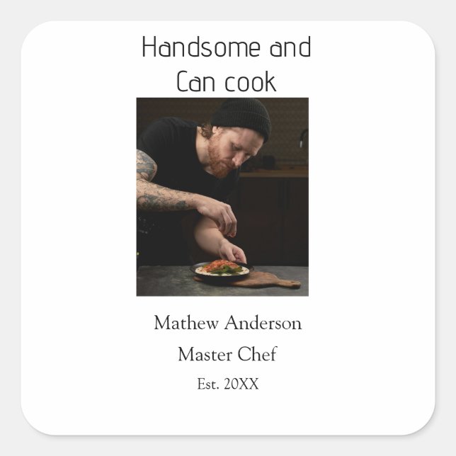Handsome and can cook add name master chef date square sticker (Front)