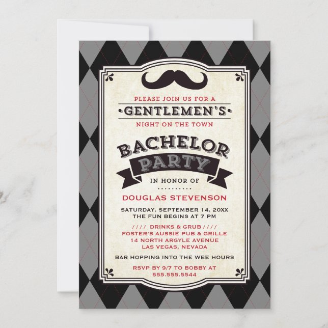 Handsome Black and Gray Argyle Bachelor Party Invitation (Front)