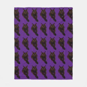 Handsome Black Cat Photo Cutout on Dark Purple Fleece Blanket