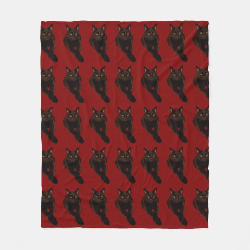 Handsome Black Cat Photo Cutout on Dark Red Fleece Blanket