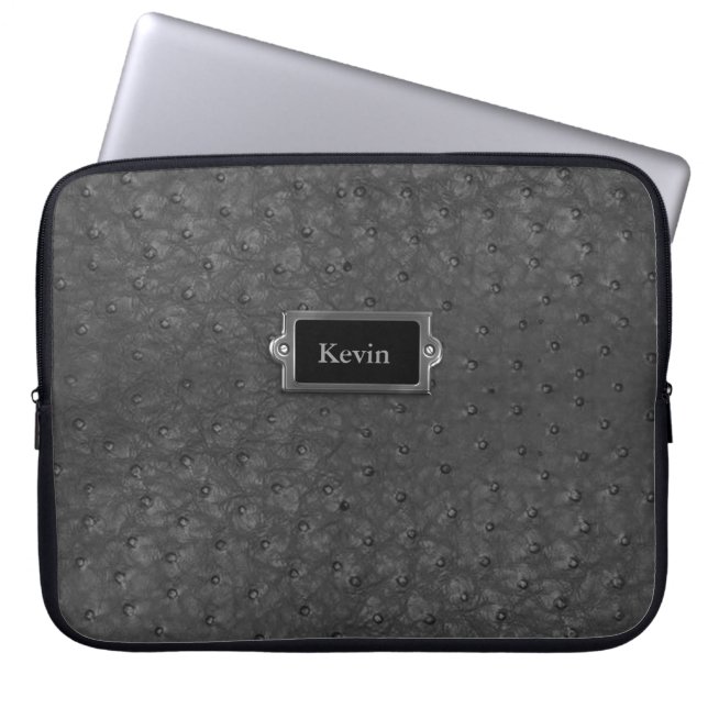 Handsome Black Faux Ostrich Skin Leather Laptop Sleeve (Front)