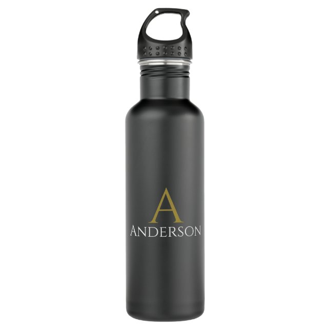 Handsome Black Modern Gold Monogram Initial  Stainless Steel Water Bottle (Front)