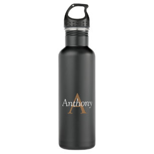 Handsome Black Modern Gold Monogram Initial Water Bottle