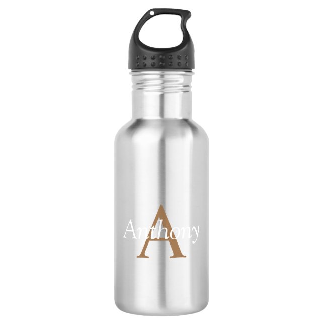 Handsome Black Modern Gold Monogram Initial Water Bottle (Front)