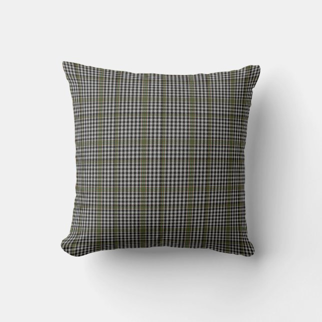 Handsome Black, White, & Green Tartan Plaid Pillow (Front)
