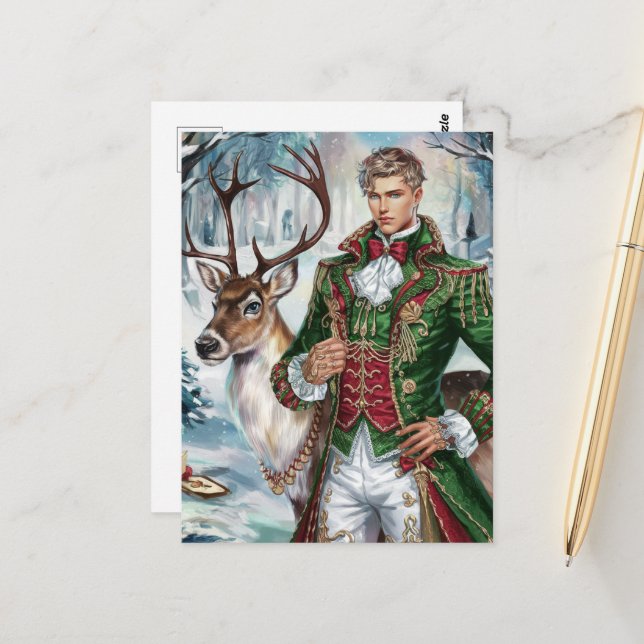Handsome blond man and a Christmas Reindeer Postcard (Front/Back In Situ)