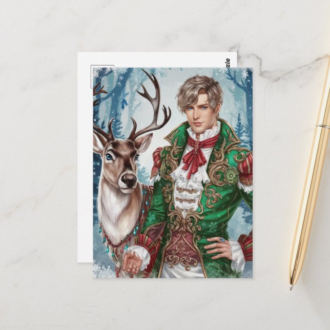 Handsome blond man and a Reindeer Christmas Postcard (Front/Back In Situ)