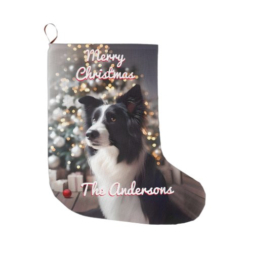 Handsome Border Collie and Christmas Tree  Red Large Christmas Stocking