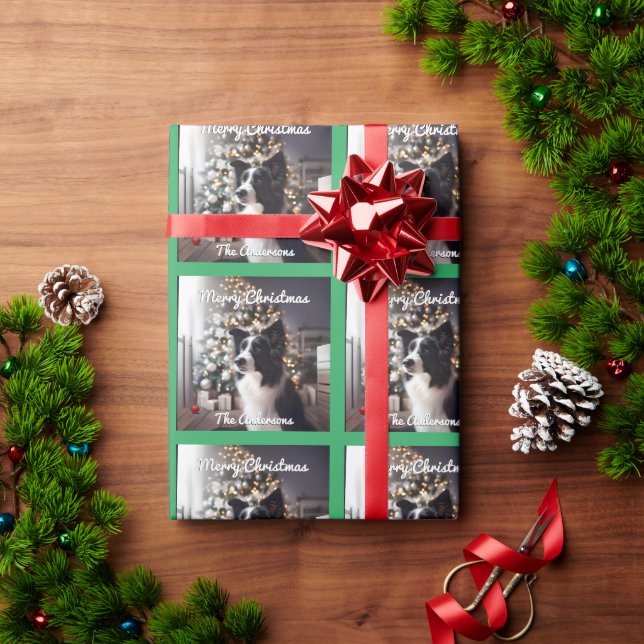 Handsome Border Collie and Christmas Tree  Wrapping Paper (Holiday Gift)