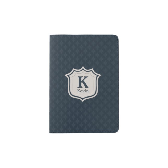 Handsome Dark Navy Blue Pattern Men's Monogram Passport Holder (Front)