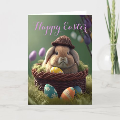 Handsome Easter Rabbit in an Easter Basket Holiday Card