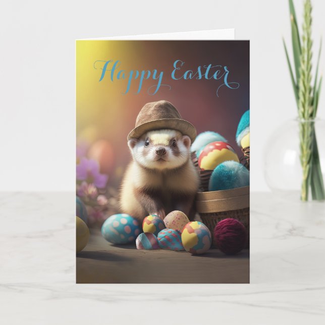 Handsome Ferret in a Hat with Fancy Eggs Easter Holiday Card (Front)