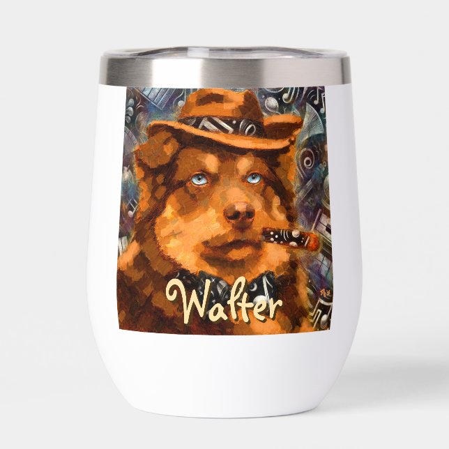 Handsome Gangster Dog w/Blue Eyes Personalized Thermal Wine Tumbler (Back)
