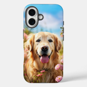 Handsome Golden Retriever with Flowers iPhone 16 Case