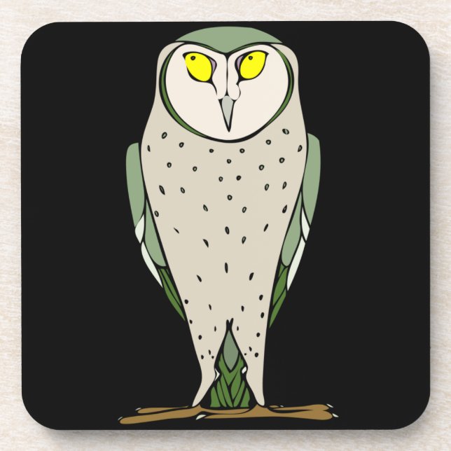 Handsome Green Owl on Black Beverage Coaster (Front)
