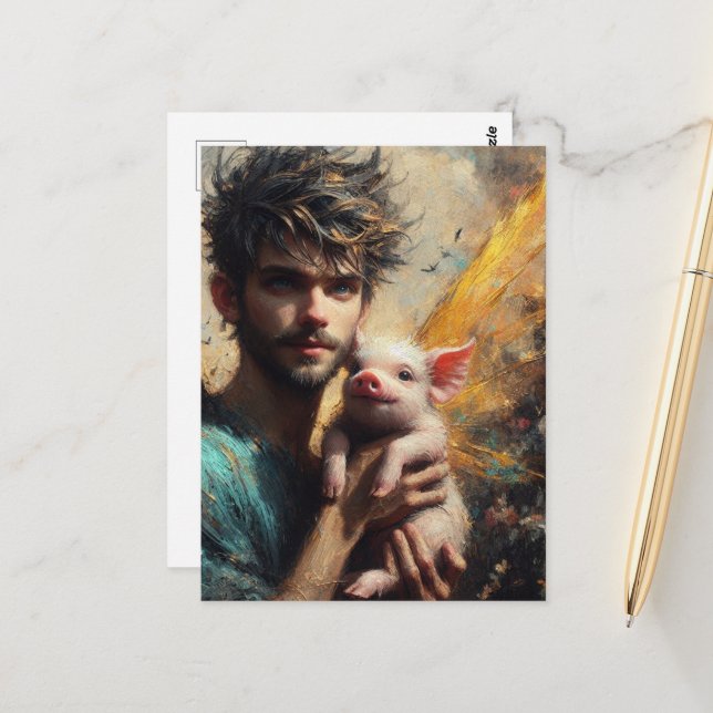 Handsome Male Fairy With Baby Pig Postcard (Front/Back In Situ)