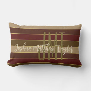 HANDSOME MONOGRAM NAME GOLD CRIMSON BROWN STRIPES LUMBAR PILLOW