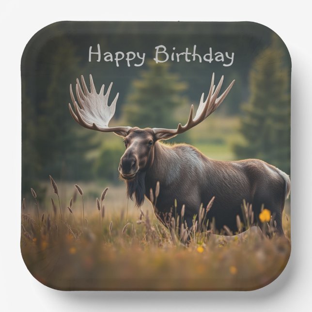 Handsome Moose Birthday Paper Plates (Front)