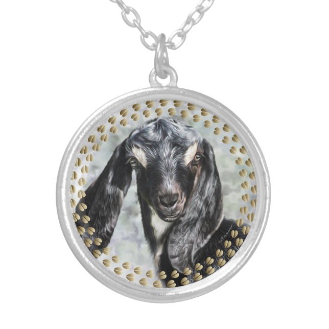 Handsome Nubian Kid Goat Painted Portrait Silver P Silver Plated Necklace (Front)