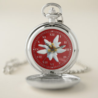 Handsome Red Wood Look with White Edelweiss Bloom Pocket Watch