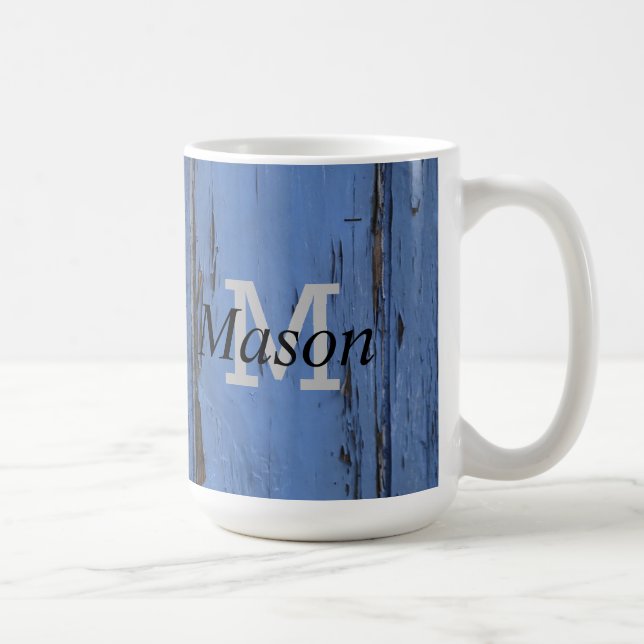 Handsome Rustic Blue Personalized Monogram Coffee Mug (Right)