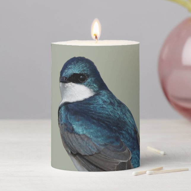 Handsome Tree Swallow: Bird on a Wire Pillar Candle (In Situ)