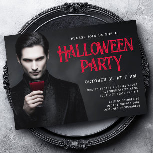 Handsome vampire drinking blood Halloween party Invitation