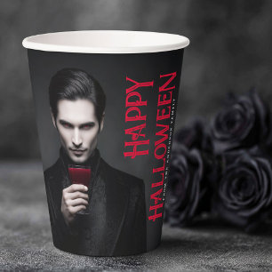 Handsome vampire drinking blood Happy Halloween Paper Cups