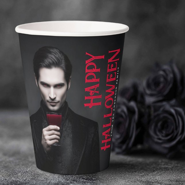 Handsome vampire drinking blood Happy Halloween Paper Cups (Handsome vampire drinking blood Happy Halloween Paper Cups)
