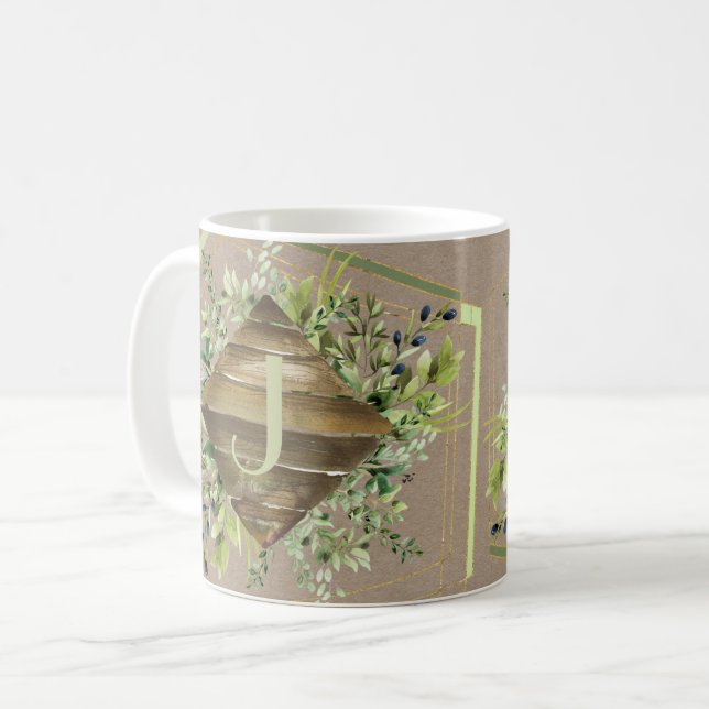 Handsome Wood Monogram with Herbs Mug (Front Left)