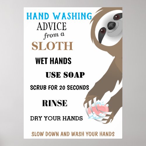 handwashing Advice from a Sloth for Kids Poster