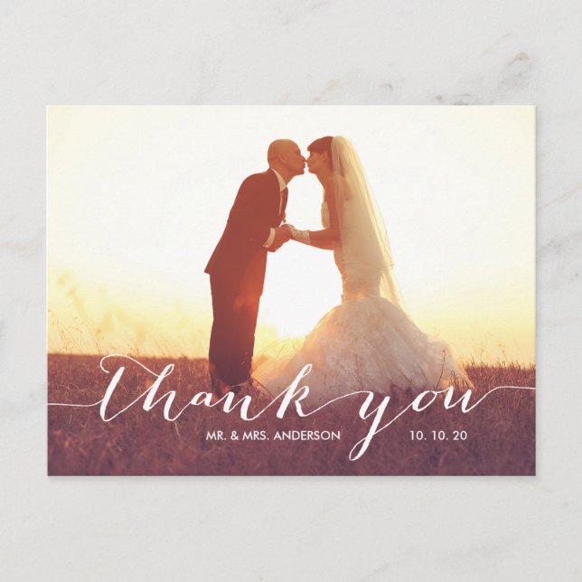 Handwriting 2 Photo Wedding Thank You Postcard (Front)