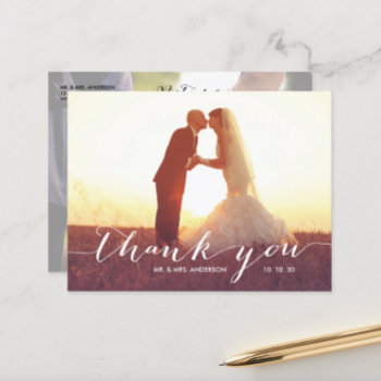 Handwriting 2 Photo Wedding Thank You Postcard by monogramgallery at Zazzle