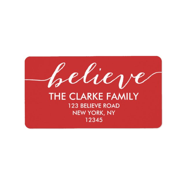 Handwriting Believe Red White Holiday Greeting Label (Front)