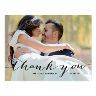 Handwriting Black 2 Photo Wedding Thank You Postcard