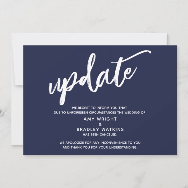 Handwriting Canceled Wedding Update Navy Blue Invitation (Front)