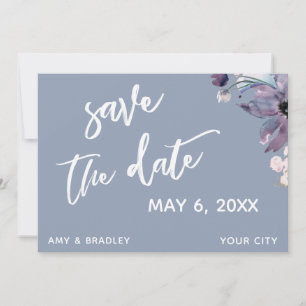 Handwriting Dusty Blue Floral Wedding Typography Save The Date