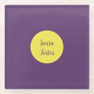 Handwriting Elegant Name Indigo & Yellow Color Glass Coaster