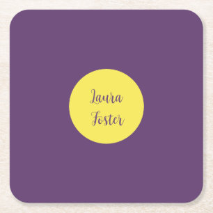 Handwriting Elegant Name Indigo & Yellow Color Square Paper Coaster