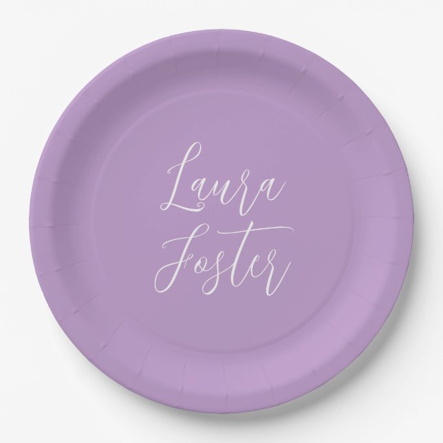 Handwriting Elegant Name Lilac Color Paper Plates (Front)