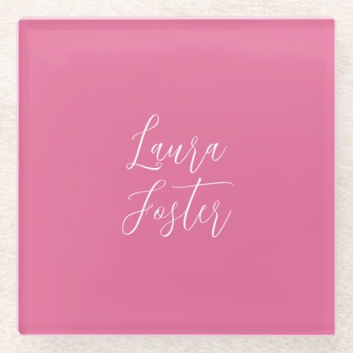 Handwriting Elegant Name Pink Color Glass Coaster