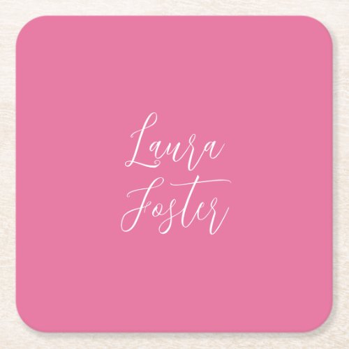 Handwriting Elegant Name Pink Color Square Paper Coaster