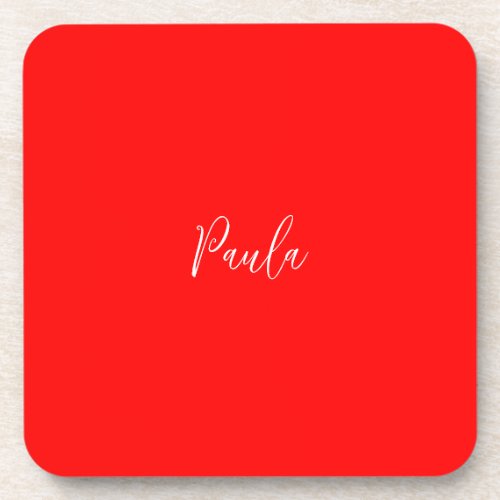 Handwriting Elegant Name Red Color Plain Beverage Coaster