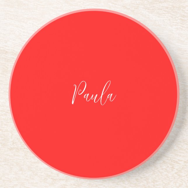 Handwriting Elegant Name Red Color Plain Coaster (Front)
