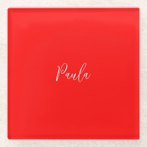 Handwriting Elegant Name Red Color Plain Glass Coaster