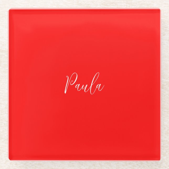 Handwriting Elegant Name Red Color Plain Glass Coaster (Front)