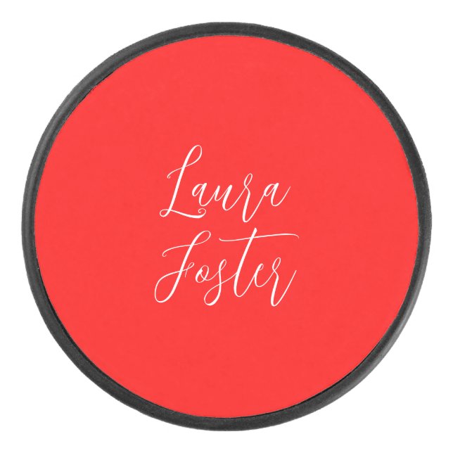 Handwriting Elegant Name Red Color Plain Hockey Puck (Front)