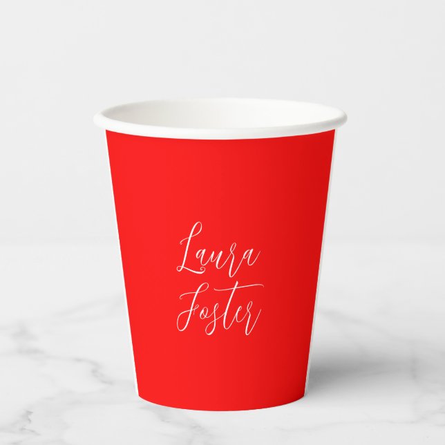 Handwriting Elegant Name Red Color Plain Paper Cups (Front)