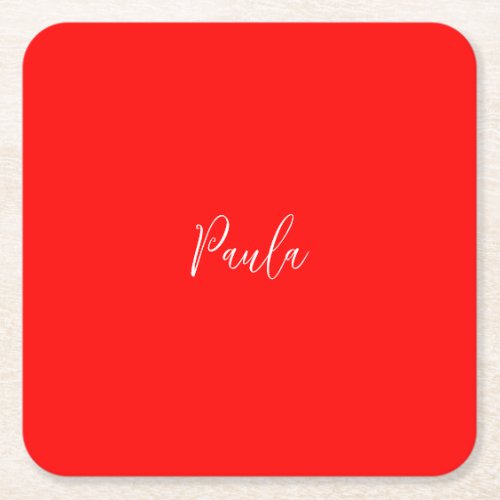 Handwriting Elegant Name Red Color Plain Square Paper Coaster