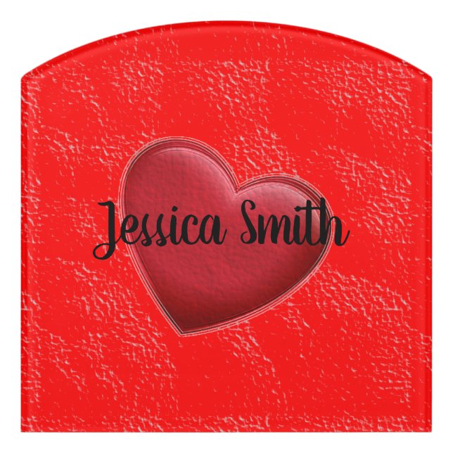 Handwriting Elegant Name Red Heart Love Romance Door Sign (Contour Front)